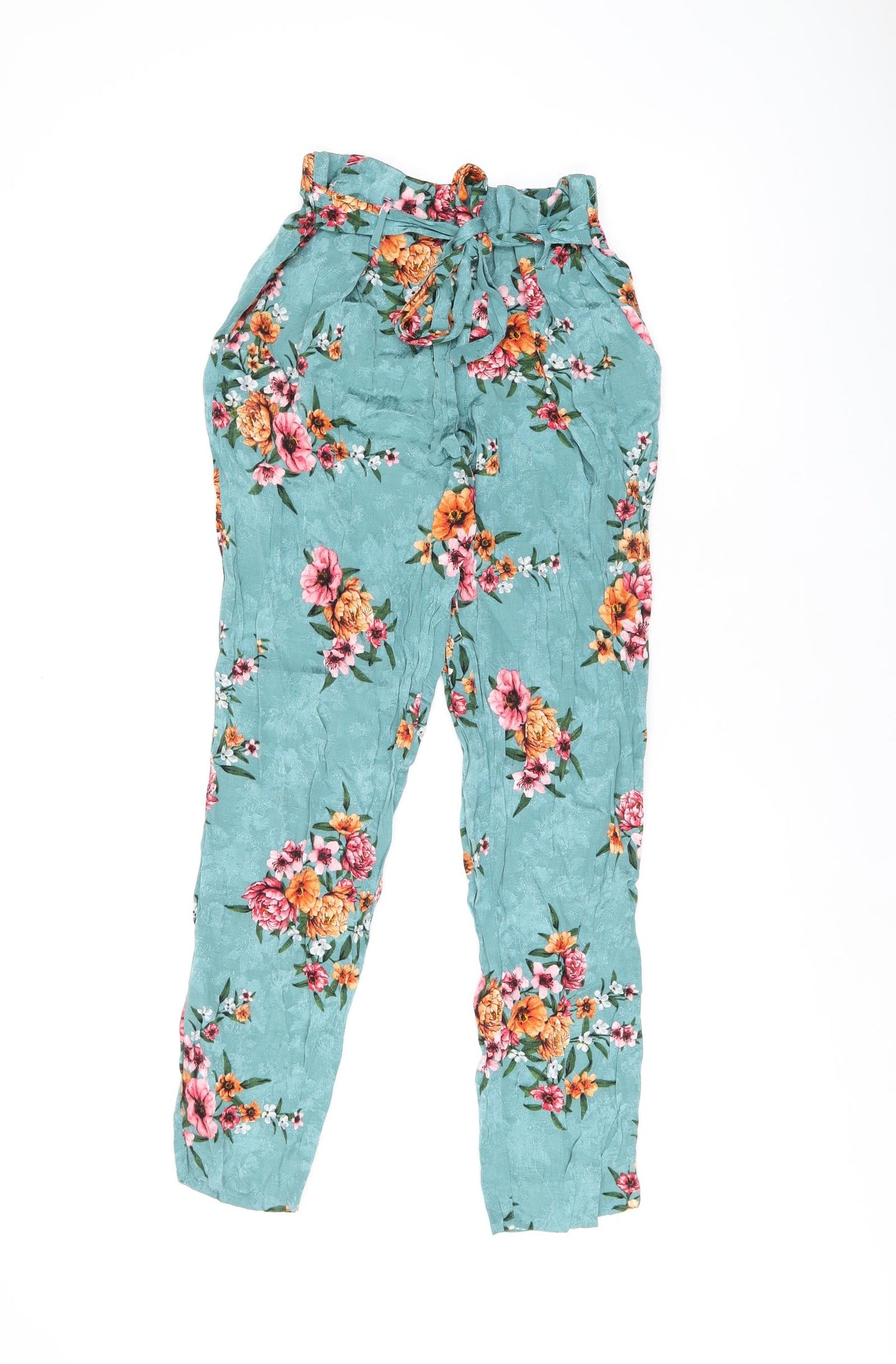River Island Womens Blue Floral Viscose Trousers Size 8 L25.5 in Regular Zip - Belted
