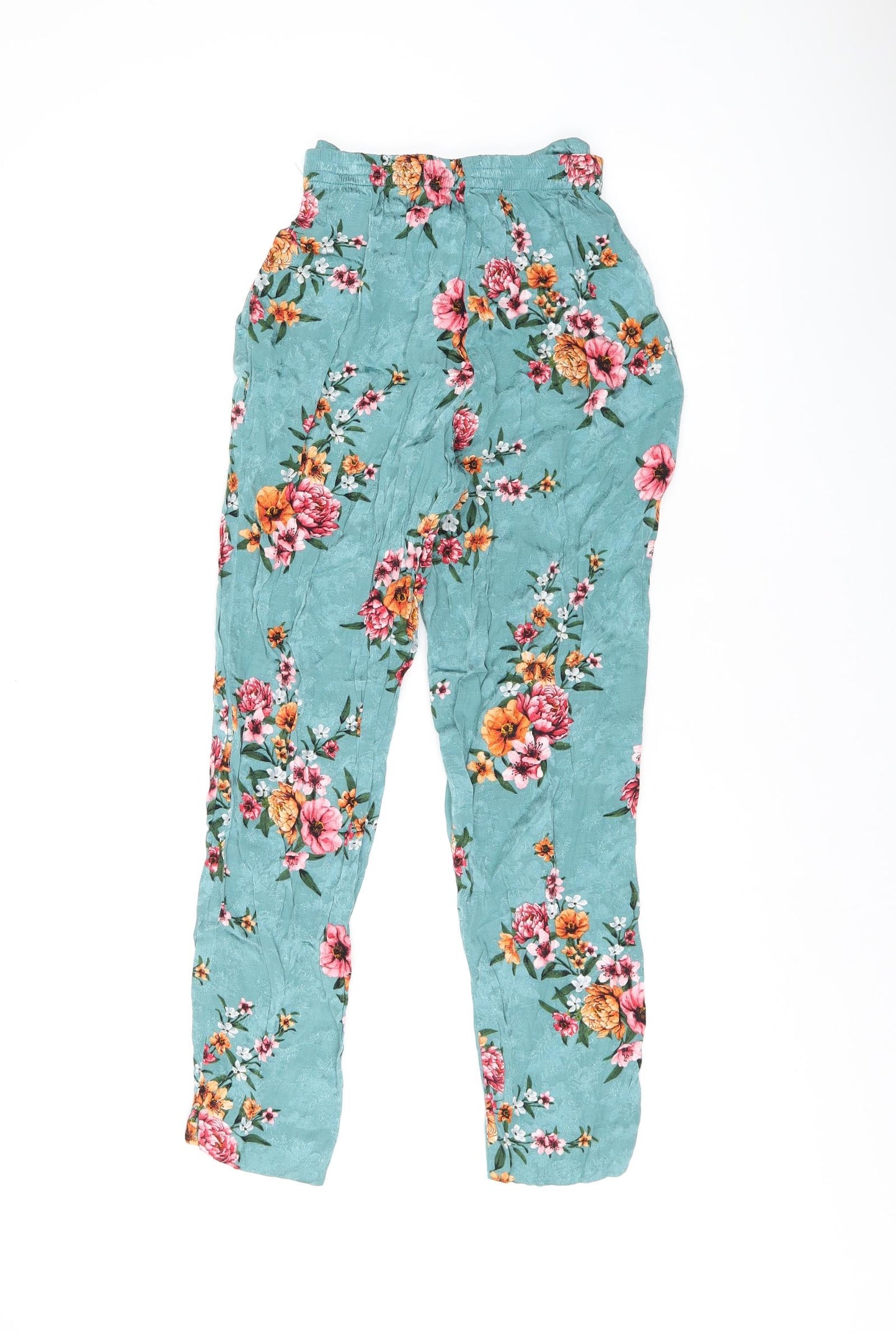River Island Womens Blue Floral Viscose Trousers Size 8 L25.5 in Regular Zip - Belted