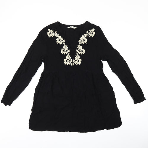 Brave Soul Womens Black Floral Viscose Basic Blouse Size S V-Neck - Embroidered Flowers