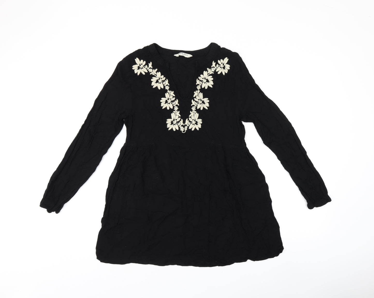 Brave Soul Womens Black Floral Viscose Basic Blouse Size S V-Neck - Embroidered Flowers
