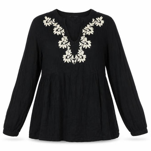 Brave Soul Womens Black Floral Viscose Basic Blouse Size S V-Neck - Embroidered Flowers