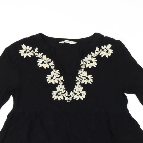 Brave Soul Womens Black Floral Viscose Basic Blouse Size S V-Neck - Embroidered Flowers