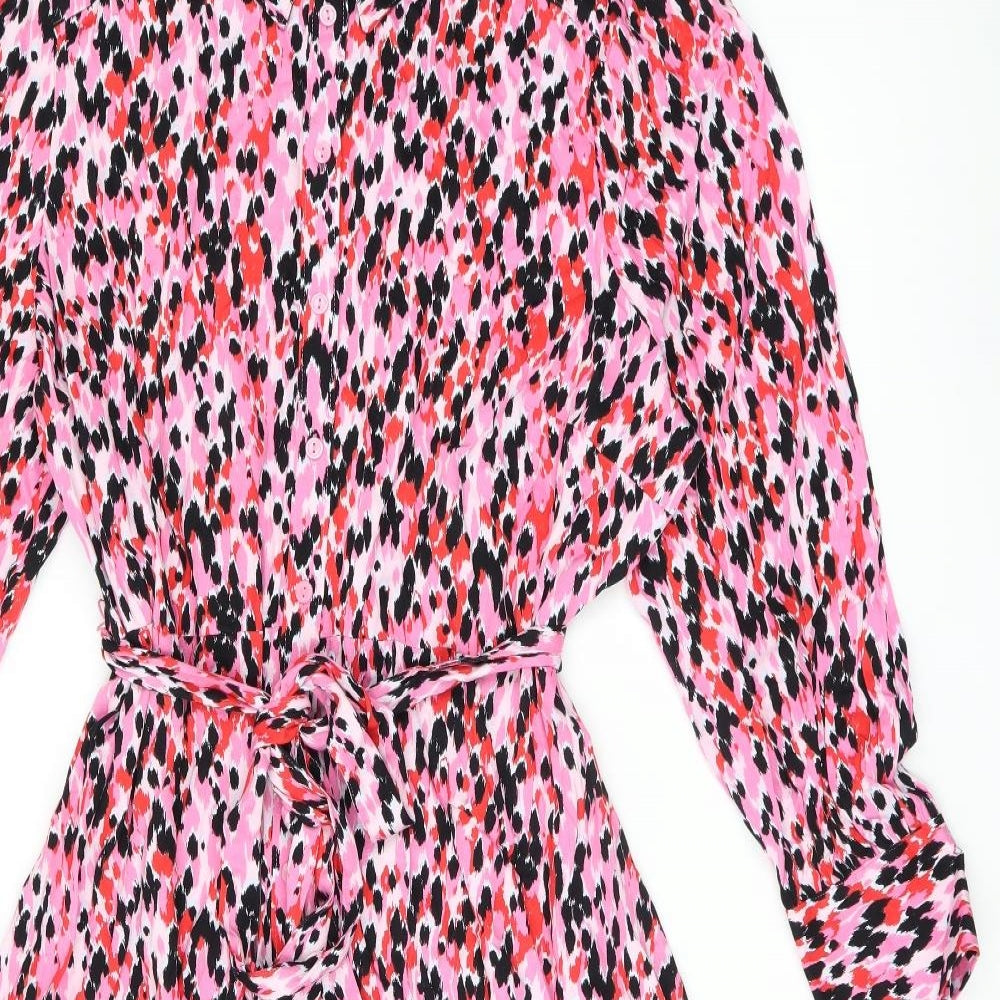 Marks and Spencer Womens Pink Geometric Viscose Shirt Dress Size 20 Collared Button - Belted