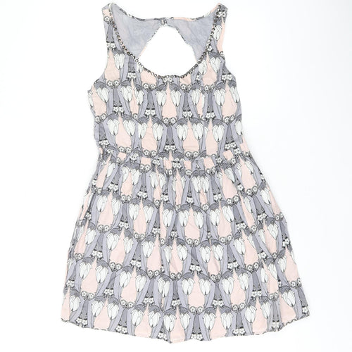 Oasis Womens Grey Geometric Cotton Skater Dress Size 12 Scoop Neck Zip - Studded