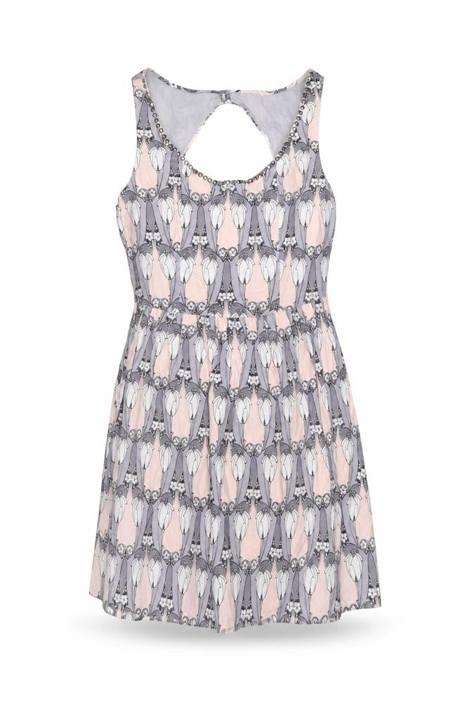 Oasis Womens Grey Geometric Cotton Skater Dress Size 12 Scoop Neck Zip - Studded