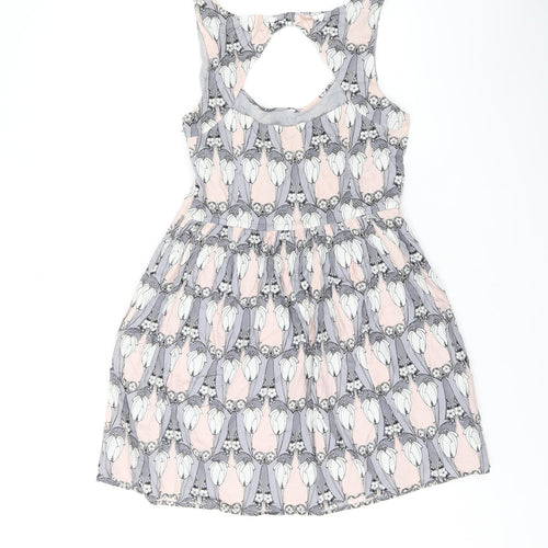 Oasis Womens Grey Geometric Cotton Skater Dress Size 12 Scoop Neck Zip - Studded