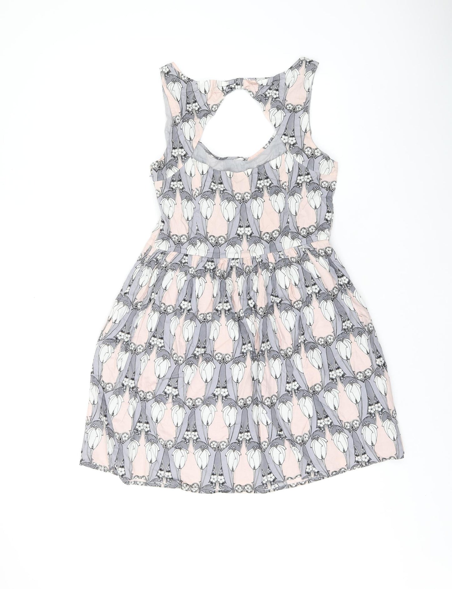 Oasis Womens Grey Geometric Cotton Skater Dress Size 12 Scoop Neck Zip - Studded