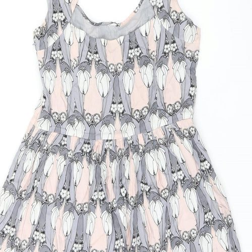 Oasis Womens Grey Geometric Cotton Skater Dress Size 12 Scoop Neck Zip - Studded