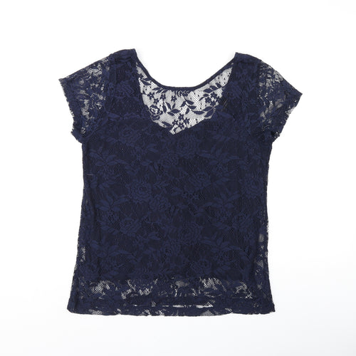 Dorothy Perkins Womens Blue Floral Polyester Basic T-Shirt Size 14 Boat Neck