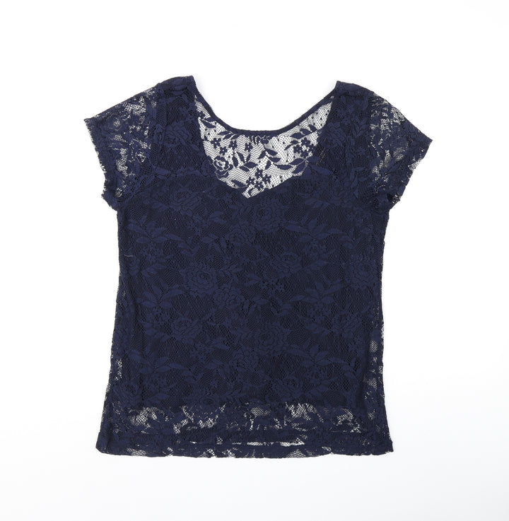 Dorothy Perkins Womens Blue Floral Polyester Basic T-Shirt Size 14 Boat Neck