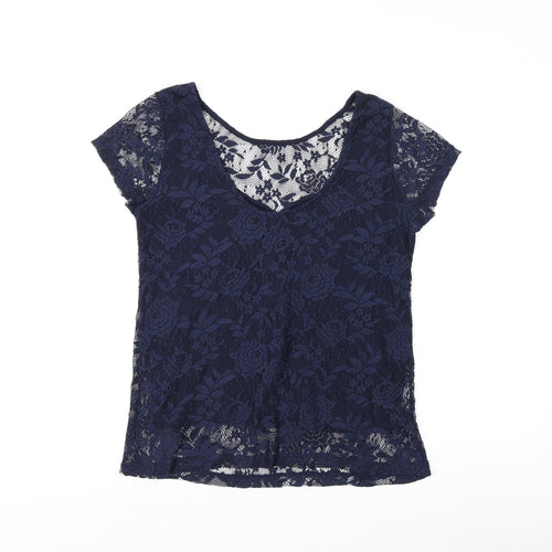 Dorothy Perkins Womens Blue Floral Polyester Basic T-Shirt Size 14 Boat Neck