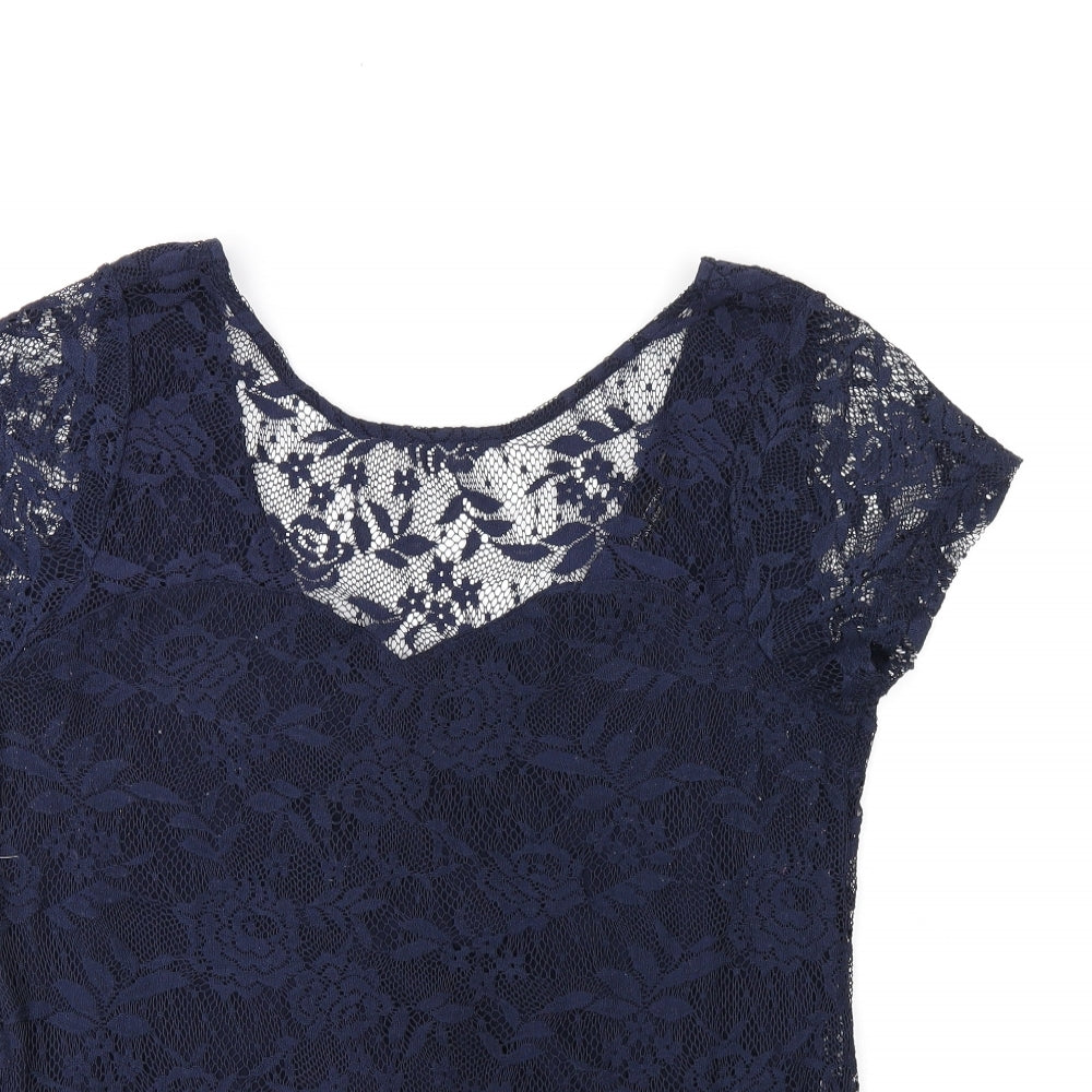 Dorothy Perkins Womens Blue Floral Polyester Basic T-Shirt Size 14 Boat Neck