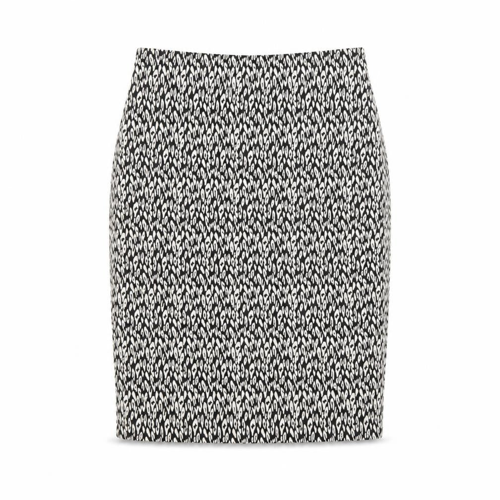 Front view of Marks & Spencer women’s black geometric polyester straight & pencil skirt, size UK 12