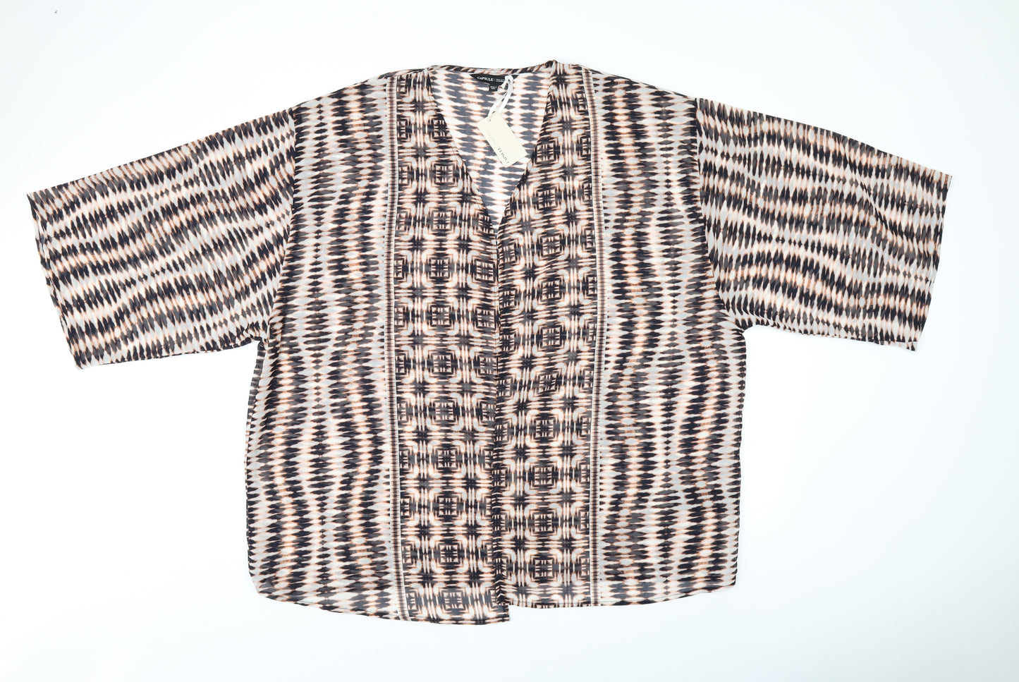 Capsule Womens Beige Geometric Polyester Kimono Blouse Size 24 V-Neck - Sheer