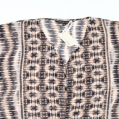 Capsule Womens Beige Geometric Polyester Kimono Blouse Size 24 V-Neck - Sheer