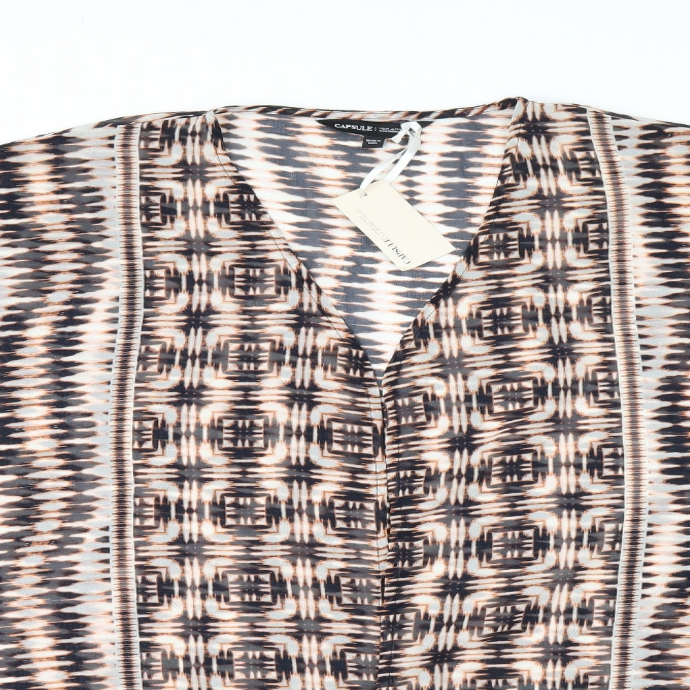 Capsule Womens Beige Geometric Polyester Kimono Blouse Size 24 V-Neck - Sheer