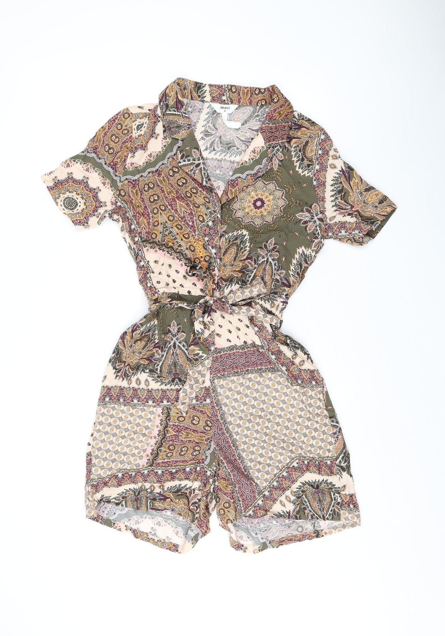 OBJECT Womens Green Geometric Viscose Playsuit One-Piece Size 6 L4 in Button - Belted