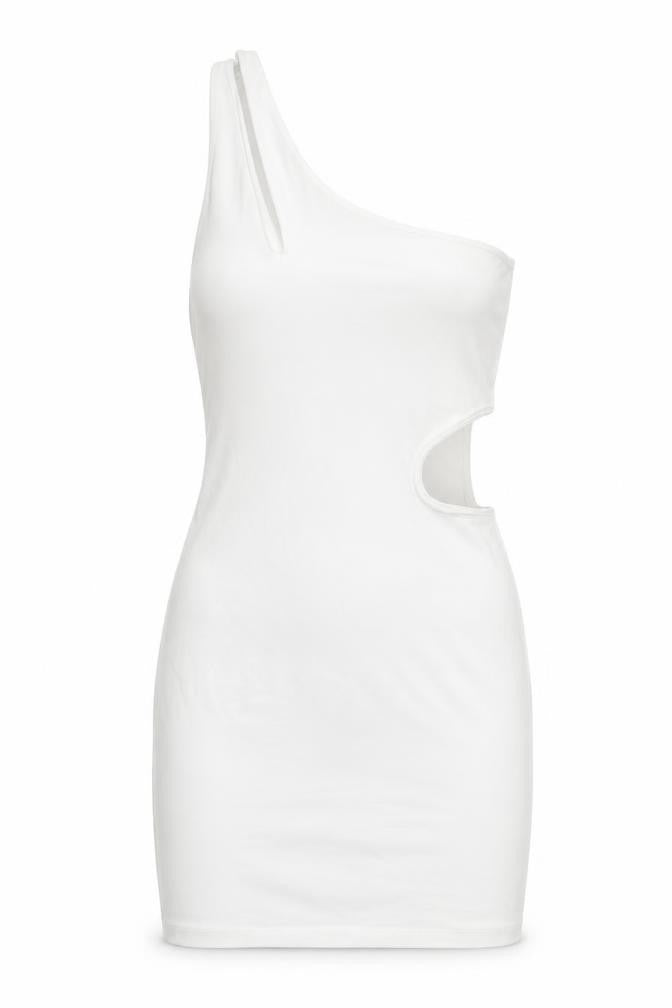 Zara Womens White Cotton Bodycon Size L One Shoulder Pullover - Cut Out Detail