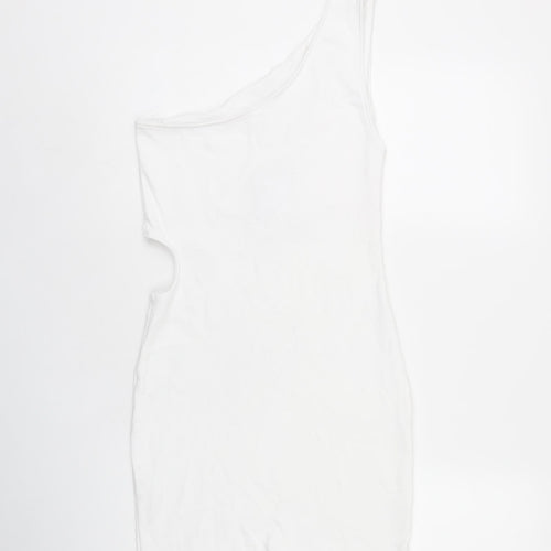 Zara Womens White Cotton Bodycon Size L One Shoulder Pullover - Cut Out Detail