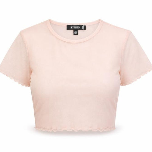 Missguided Womens Pink Polyester Cropped T-Shirt Size 6 Round Neck - Sheer