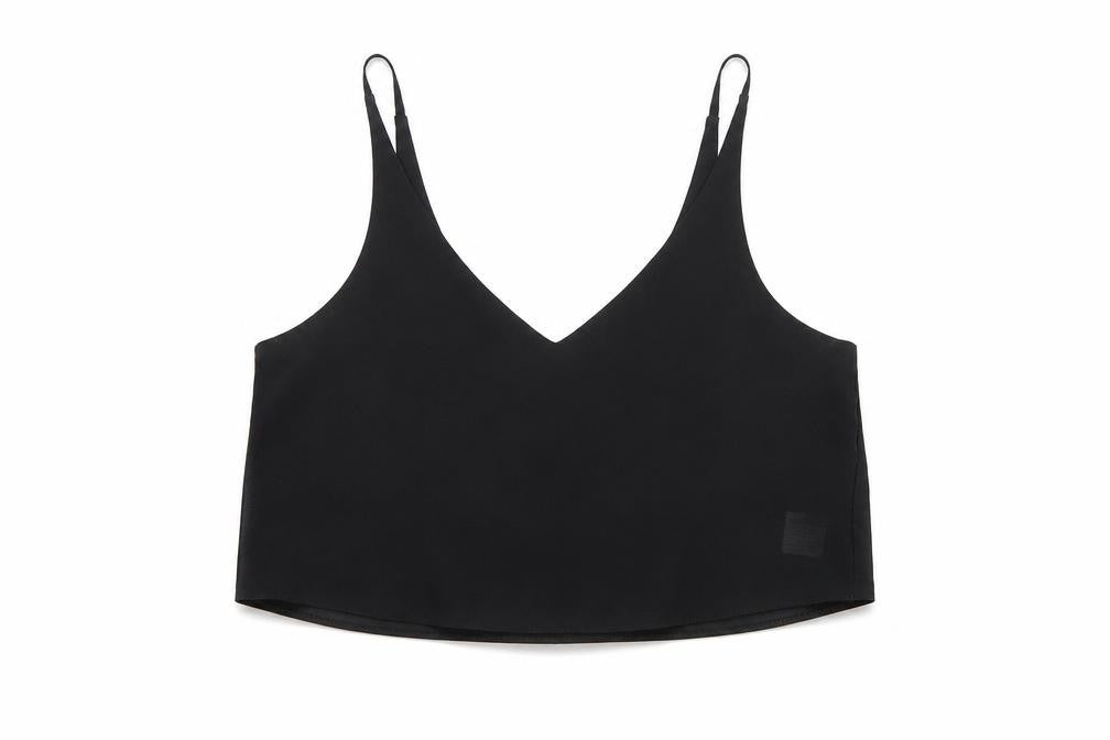Front view of Topshop women’s black polyester cropped tank, size UK 6, v-neck