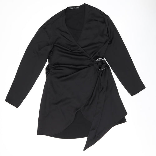 Boohoo Womens Black Polyester Wrap Dress Size 8 V-Neck Tie