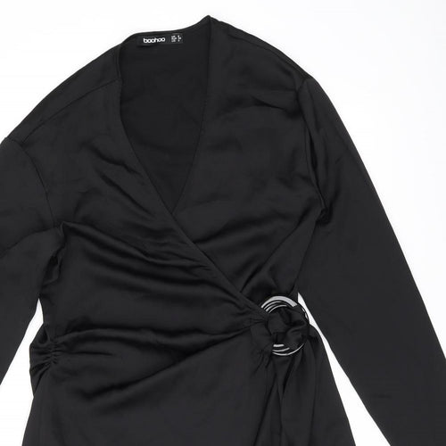 Boohoo Womens Black Polyester Wrap Dress Size 8 V-Neck Tie