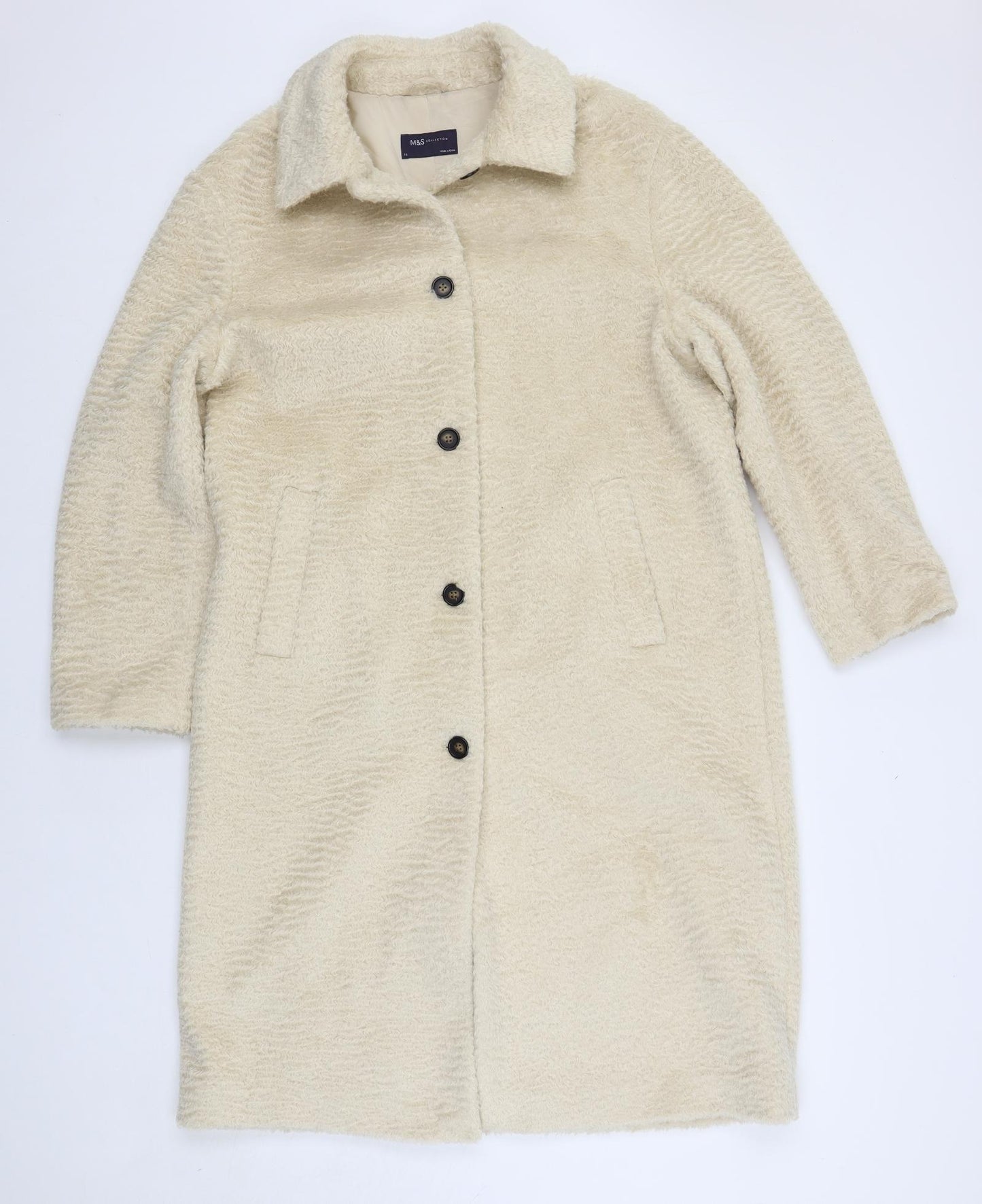 Marks and Spencer Womens Beige Overcoat Coat Size 16 Button - Faux Fur