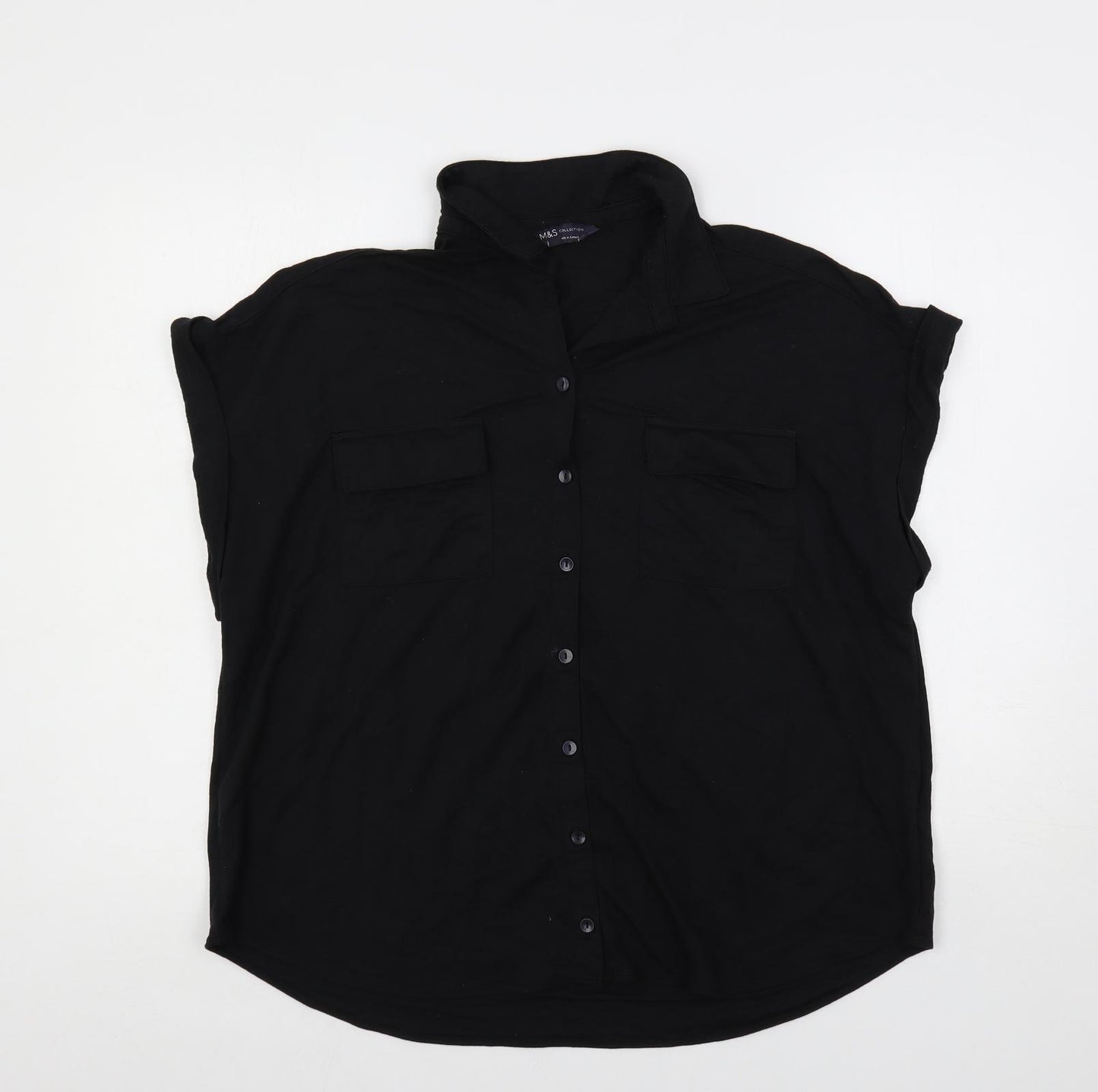 Marks and Spencer Womens Black Viscose Basic Button-Up Size 14 Collared
