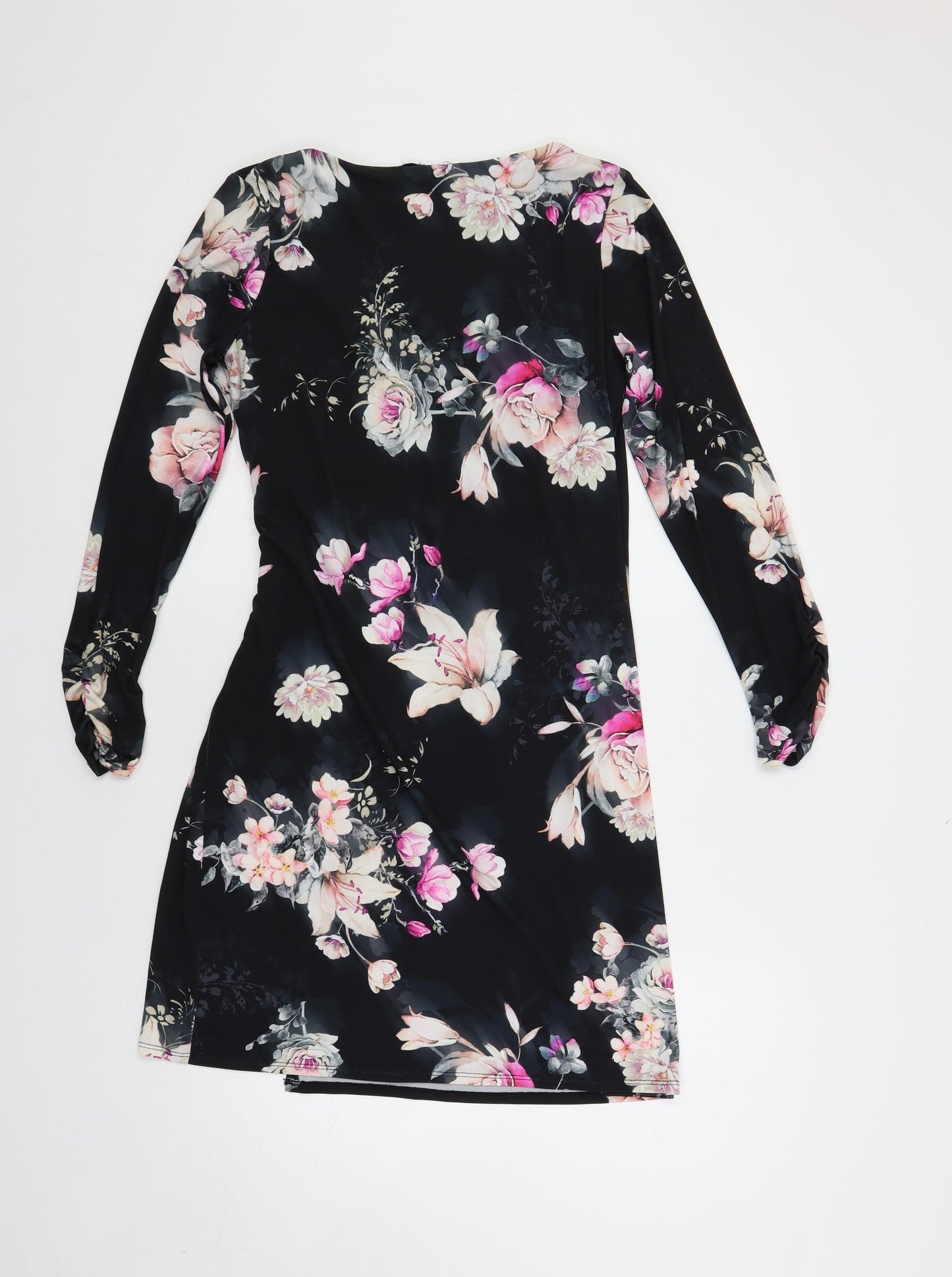 Wallis Womens Black Floral Polyester A-Line Size 12 V-Neck Pullover