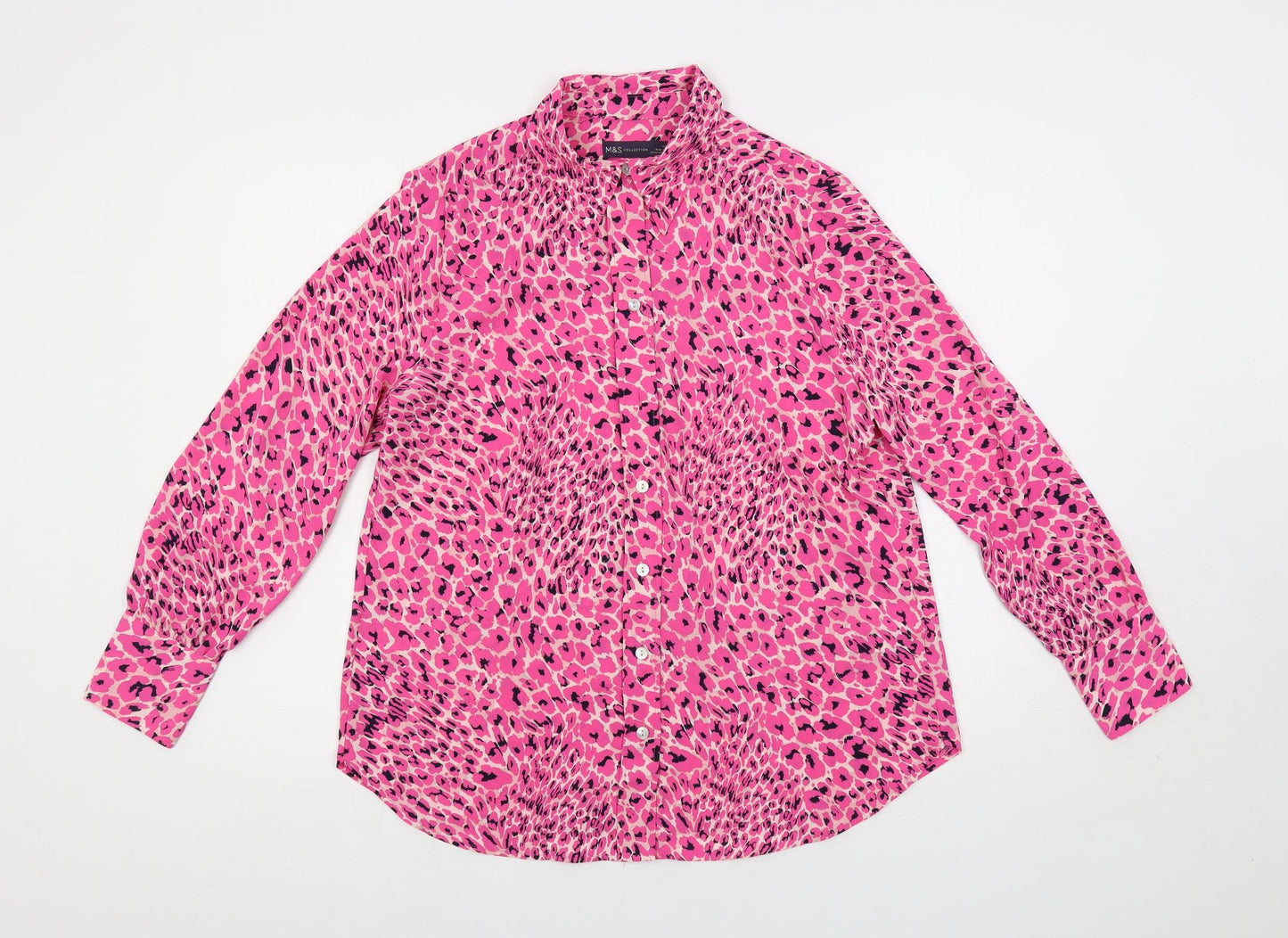 Marks and Spencer Womens Pink Geometric Polyester Basic Button-Up Size 12 Collared
