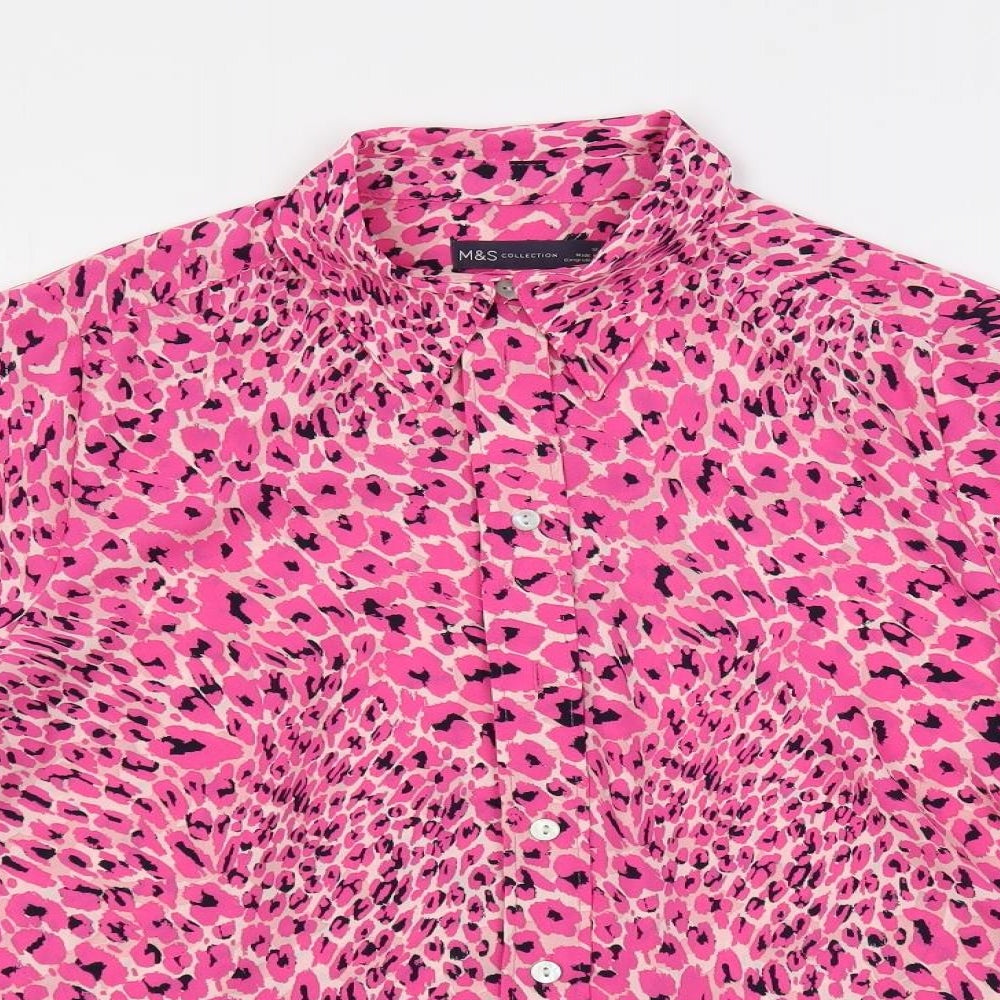 Marks and Spencer Womens Pink Geometric Polyester Basic Button-Up Size 12 Collared