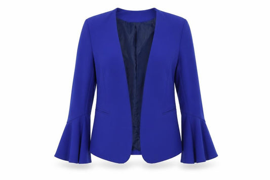 Front view of Senes women’s blue jacket blazer, size L, - flare sleeve