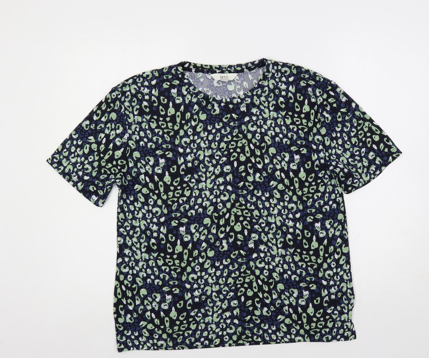 Marks and Spencer Womens Blue Animal Print Polyester Basic T-Shirt Size 10 Off the Shoulder