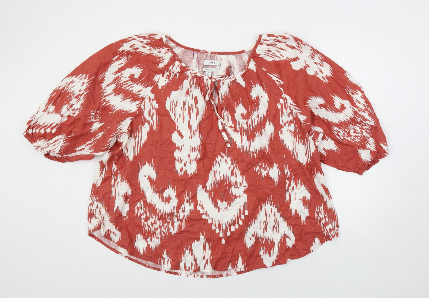 Marks and Spencer Womens Brown Geometric Linen Basic Blouse Size 20 Boat Neck - Keyhole Neck