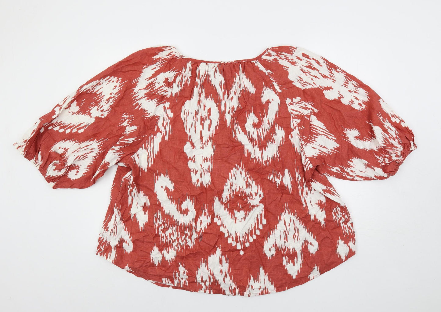 Marks and Spencer Womens Brown Geometric Linen Basic Blouse Size 20 Boat Neck - Keyhole Neck