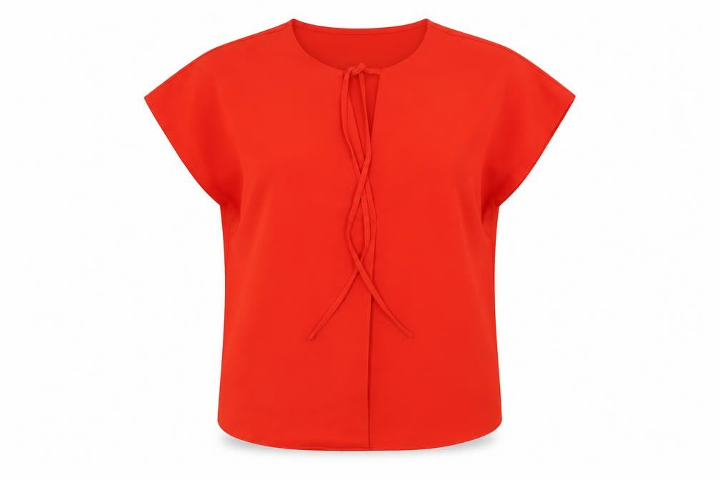 Front view of Marks & Spencer women’s red polyester basic blouse, size UK 12, v-neck - keyhole neck