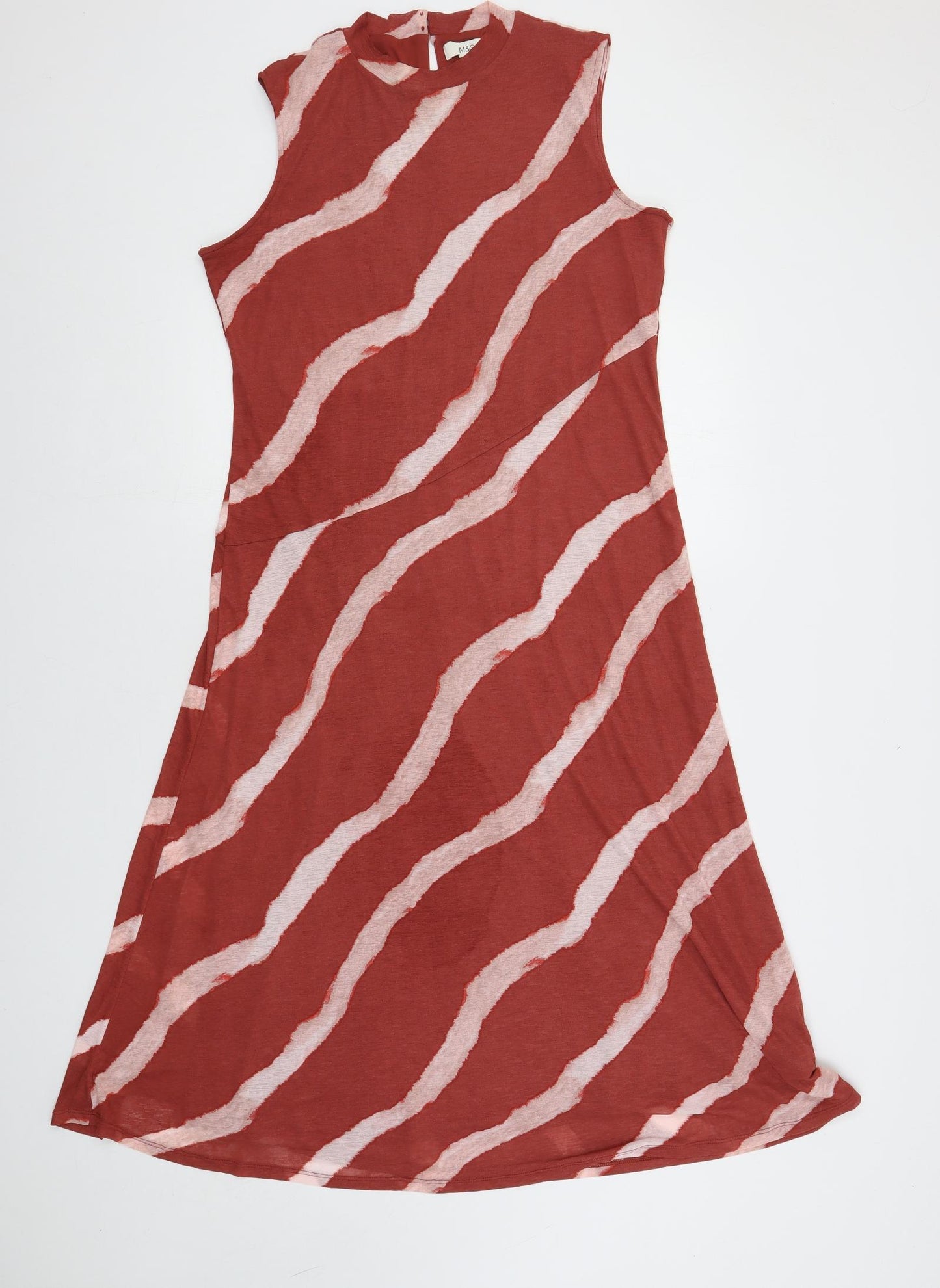 Marks and Spencer Womens Red Geometric Polyester A-Line Size 14 Mock Neck Button