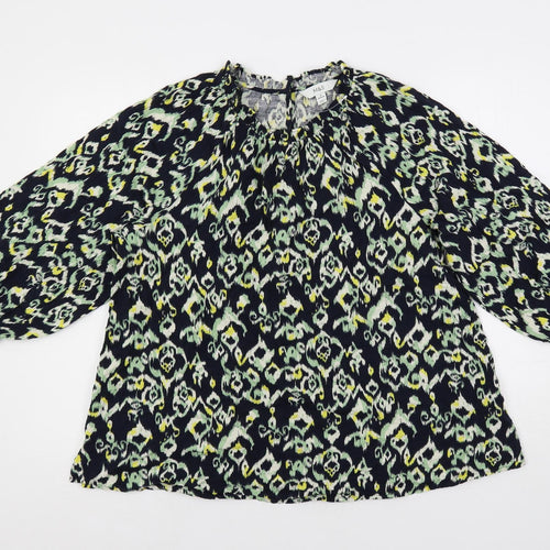 Marks and Spencer Womens Blue Geometric Cotton Basic Blouse Size 14 Mock Neck