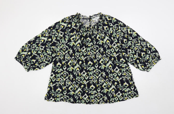 Marks and Spencer Womens Blue Geometric Cotton Basic Blouse Size 14 Mock Neck