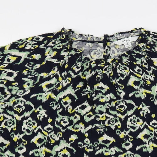 Marks and Spencer Womens Blue Geometric Cotton Basic Blouse Size 14 Mock Neck
