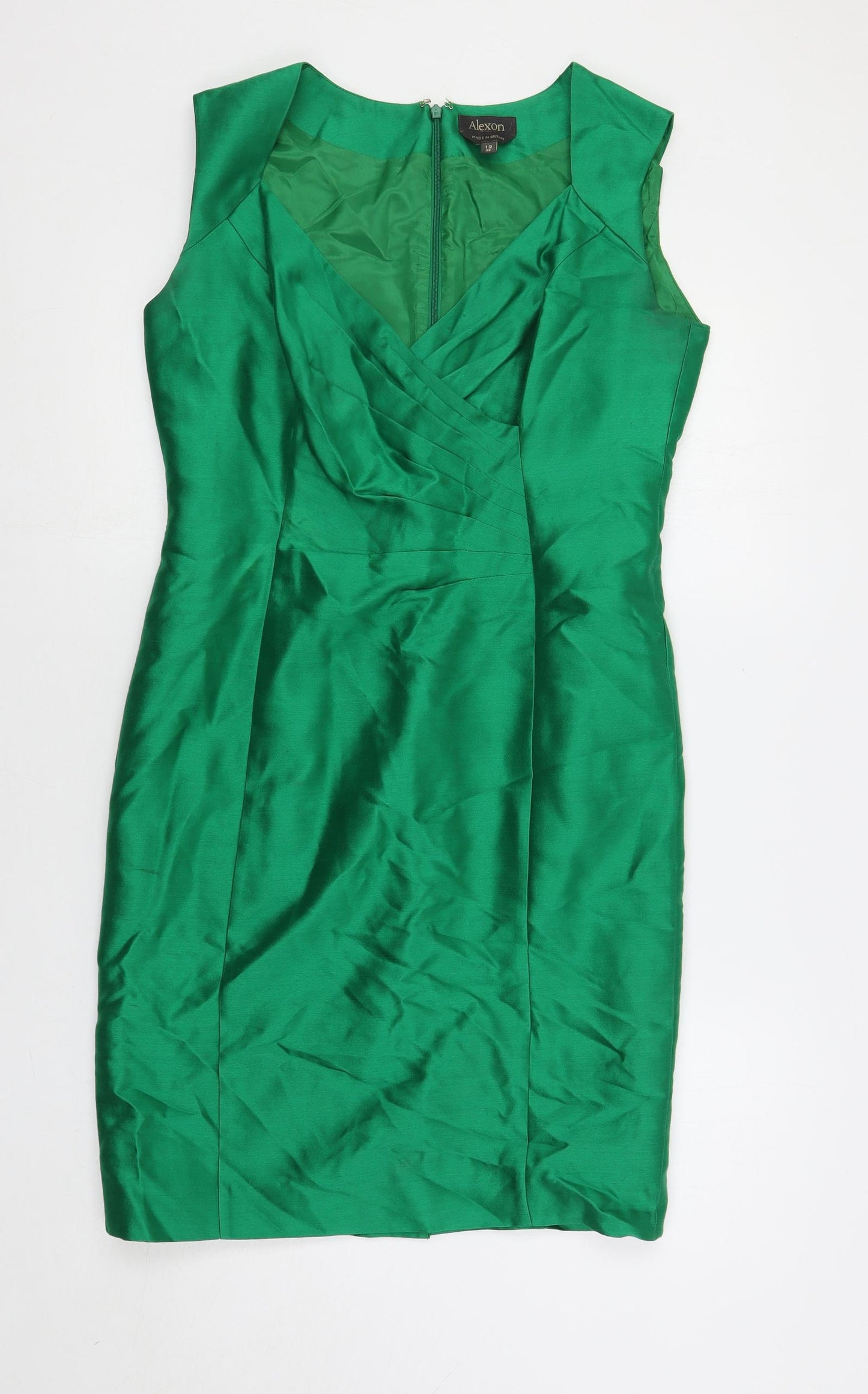 Alexon Womens Green Silk Pencil Dress Size 12 V-Neck Zip