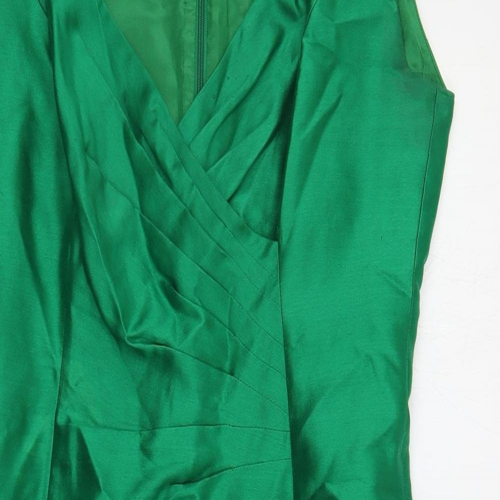 Alexon Womens Green Silk Pencil Dress Size 12 V-Neck Zip