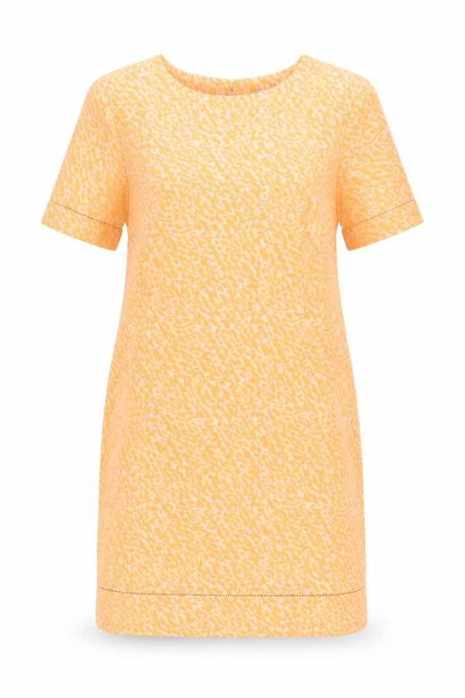 Front view of Marks & Spencer women’s orange animal print polyester shift, size UK 12, boat neck button