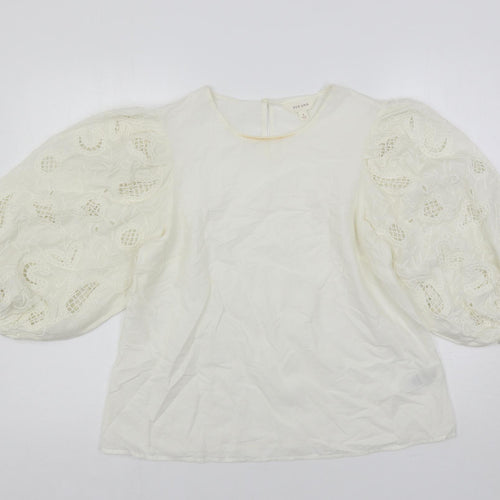 Per Una Womens Ivory Cotton Basic Blouse Size 8 Round Neck - Embroidered