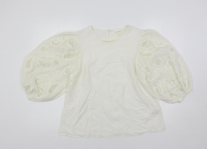 Per Una Womens Ivory Cotton Basic Blouse Size 8 Round Neck - Embroidered