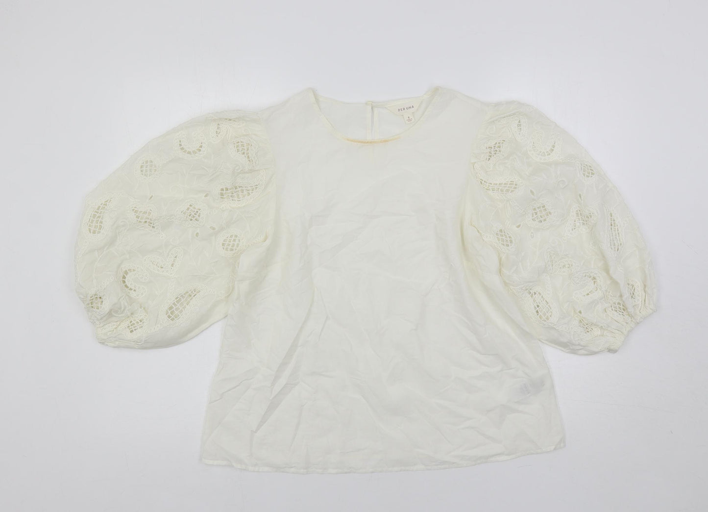 Per Una Womens Ivory Cotton Basic Blouse Size 8 Round Neck - Embroidered