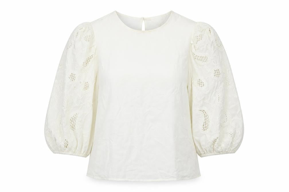 Front view of Per Una women’s ivory cotton basic blouse, size UK 8, round neck - embroidered