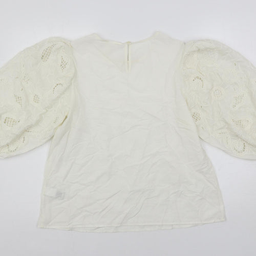 Per Una Womens Ivory Cotton Basic Blouse Size 8 Round Neck - Embroidered