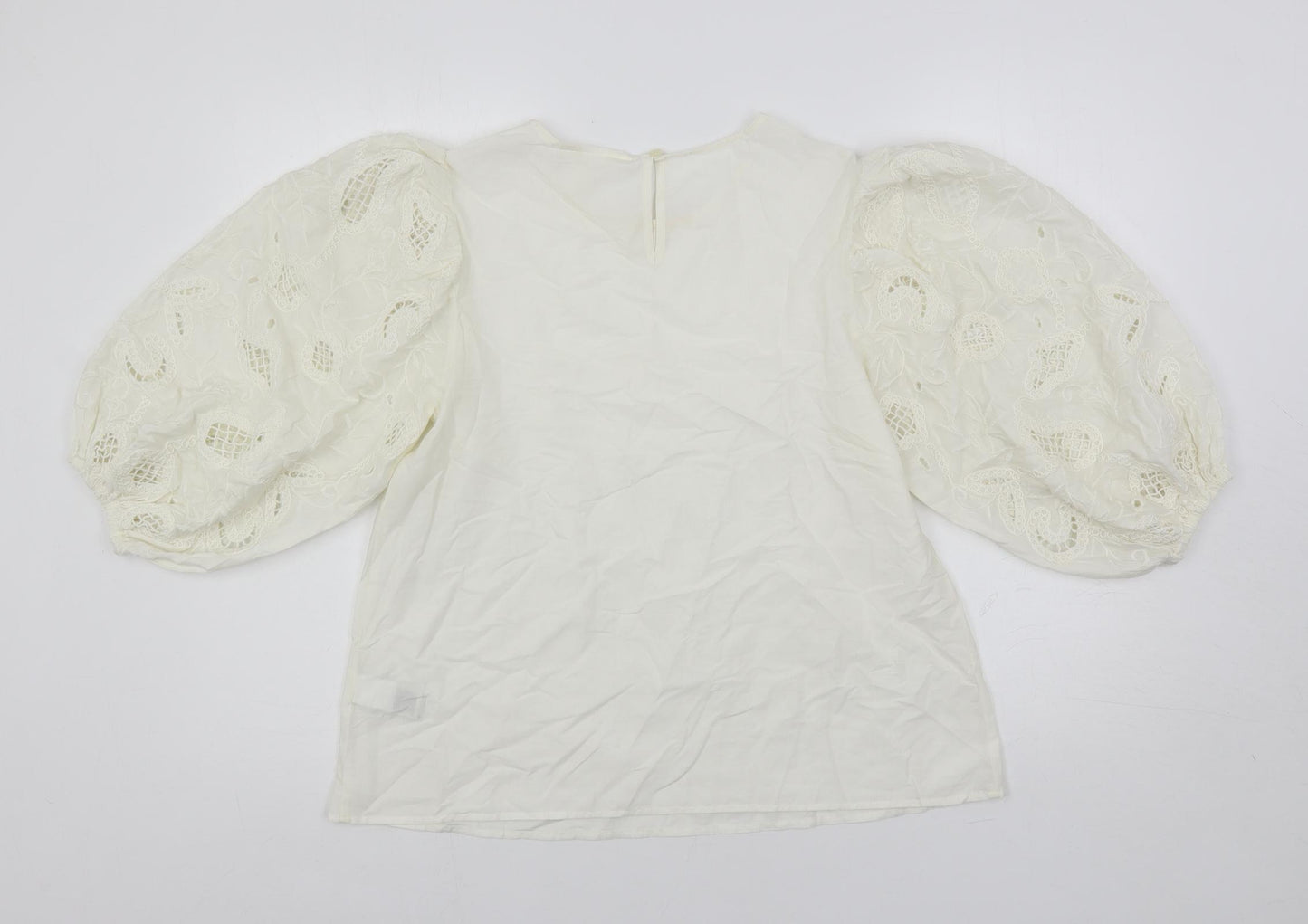 Per Una Womens Ivory Cotton Basic Blouse Size 8 Round Neck - Embroidered